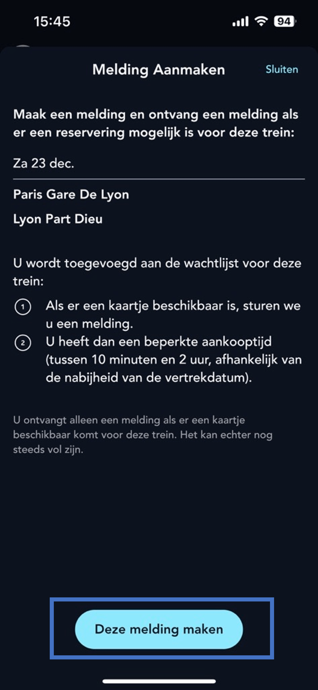 scherm van de pagina voor het aanmaken van een volledige treinwaarschuwing in de SNCF Connect-applicatie